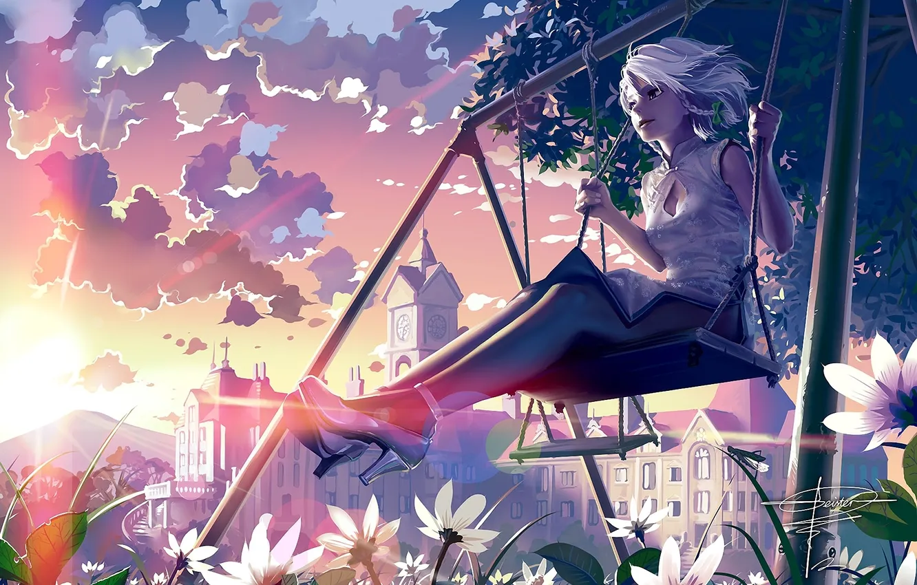 Photo wallpaper girl, the sun, clouds, trees, flowers, the city, swing, art