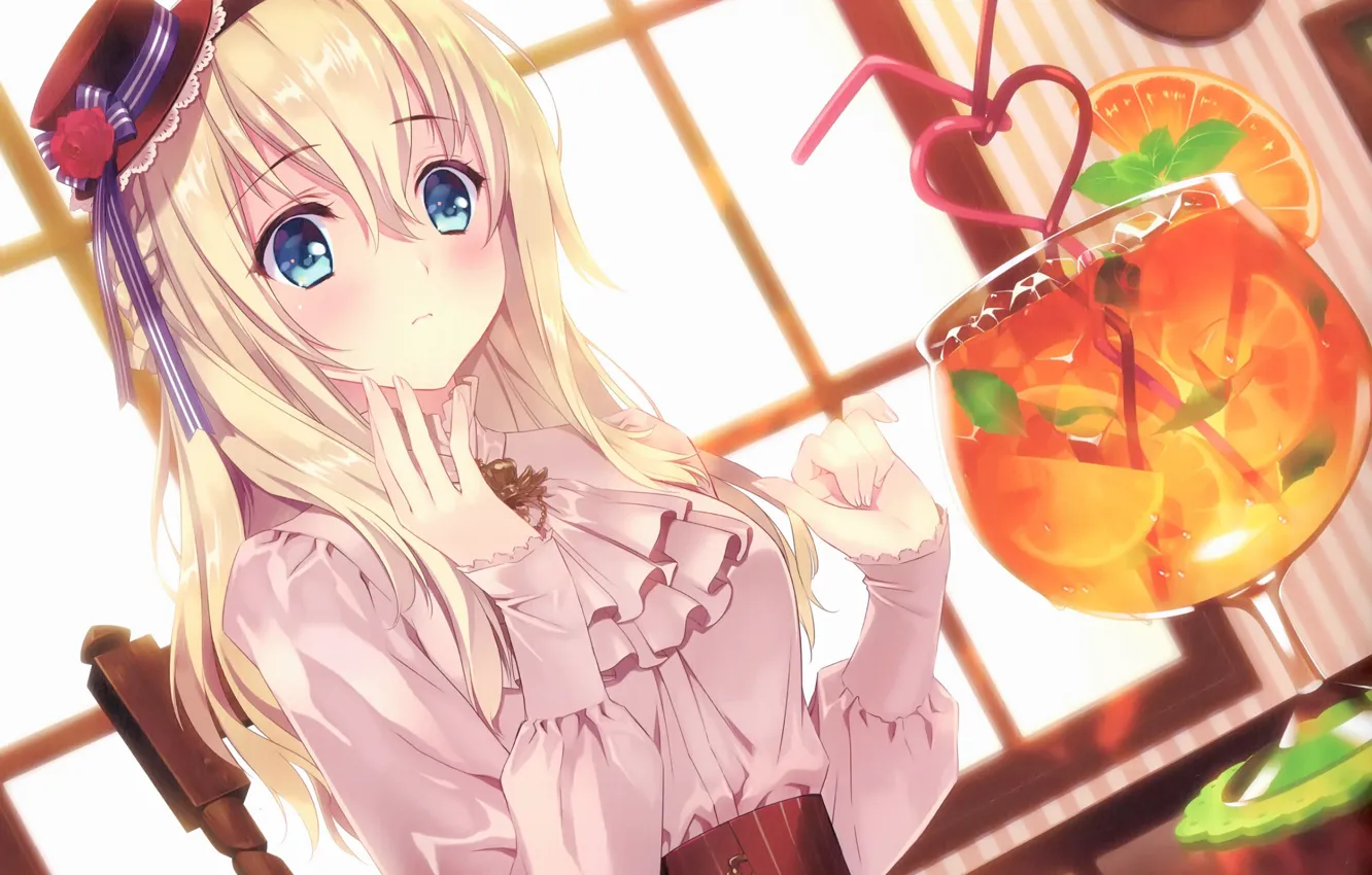 Photo wallpaper blonde, cocktail, hat, blue eyes, in a cafe, Kantai Collection, at the table, frill