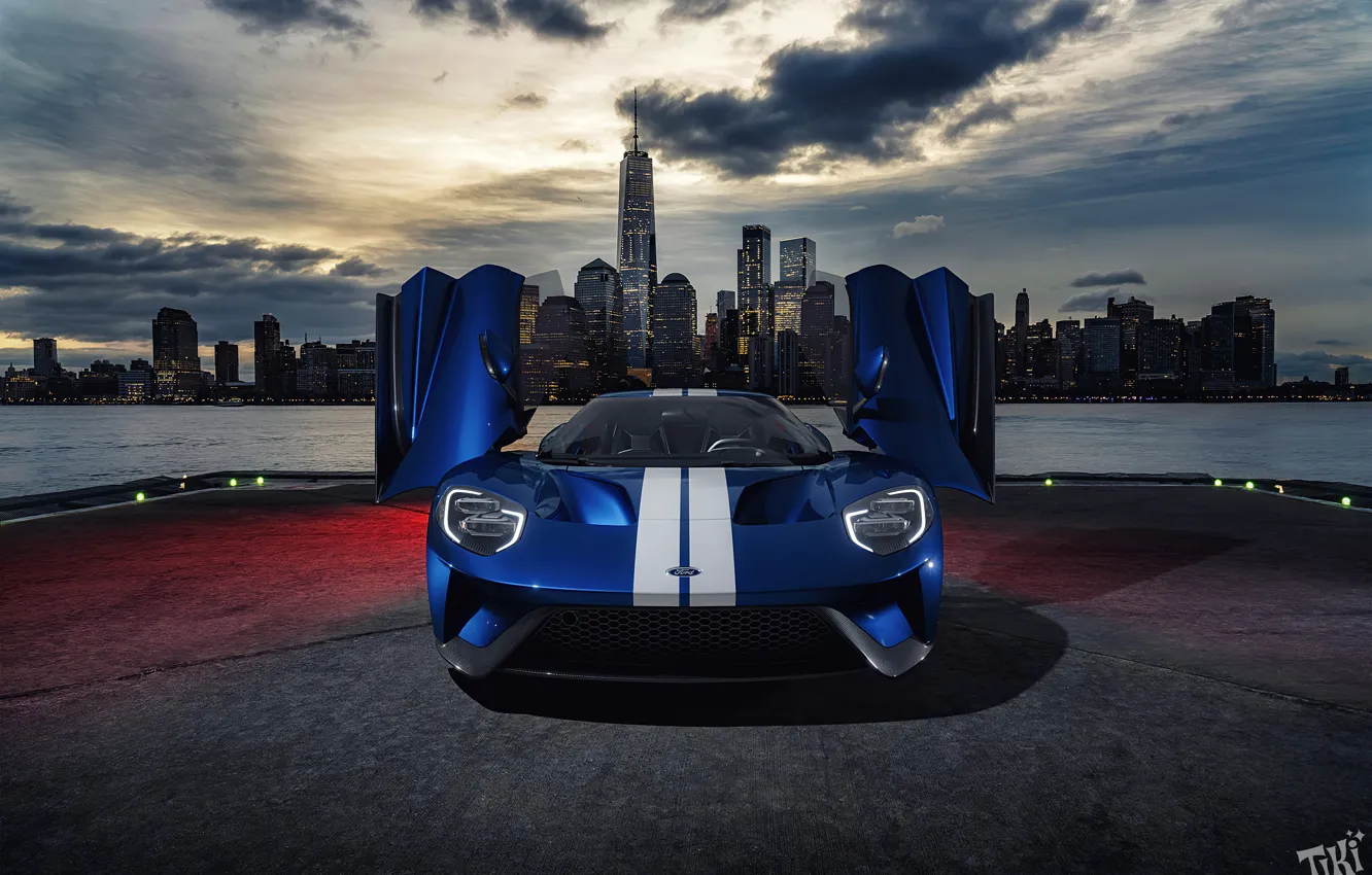 Photo wallpaper city, the city, Ford, the evening, door, supercar, Ford GT, front view