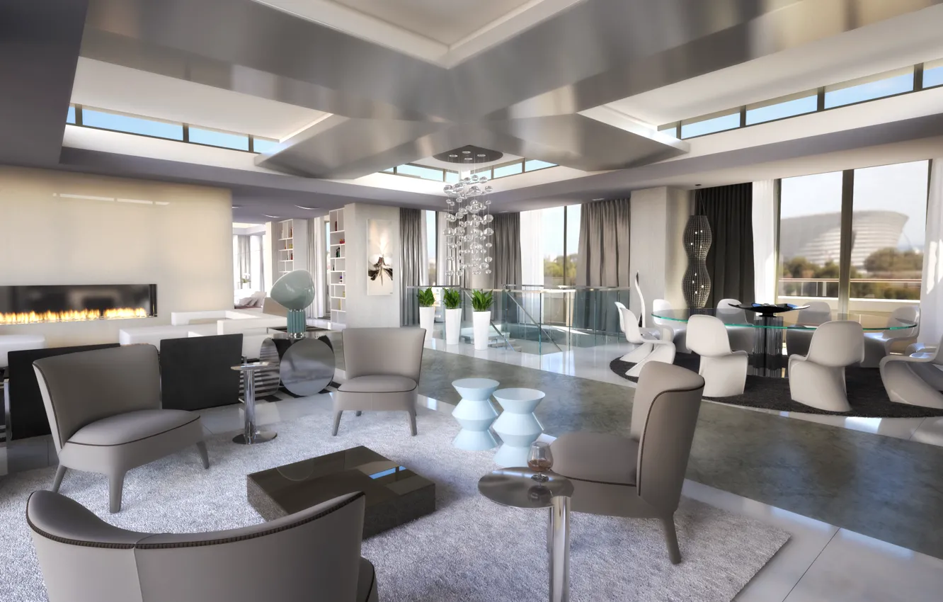 Photo wallpaper style, table, room, window, chair, chandelier, fireplace, curtains