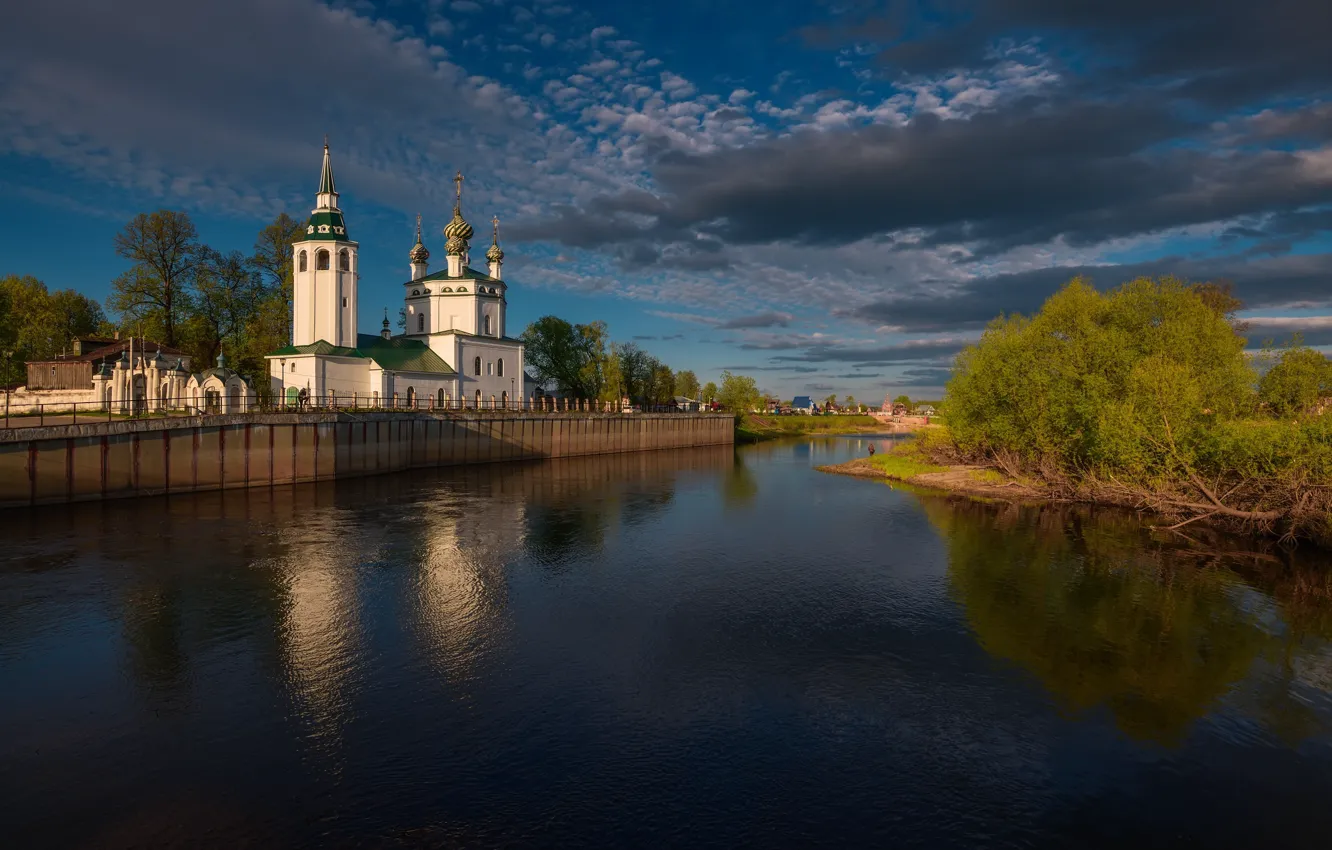 Photo wallpaper landscape, nature, river, village, Church, Maxim Evdokimov, Lackey