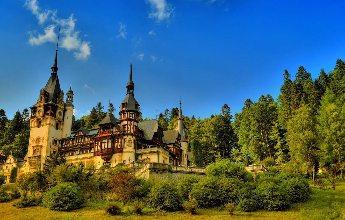 Photo wallpaper forest, the sky, trees, house, castle, tower