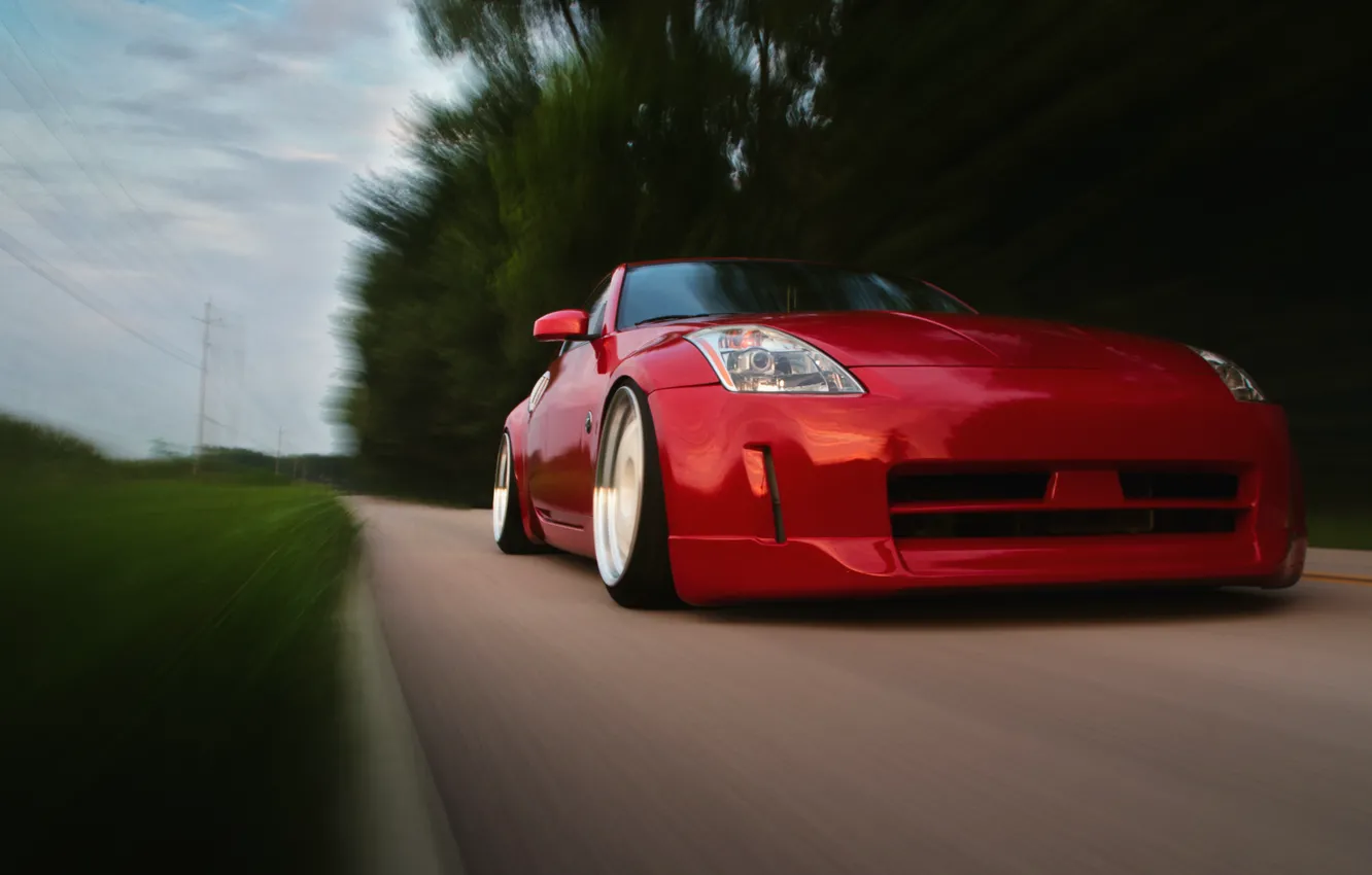 Photo wallpaper red, before, red, Nissan, Nissan, 350Z, stance, in motion