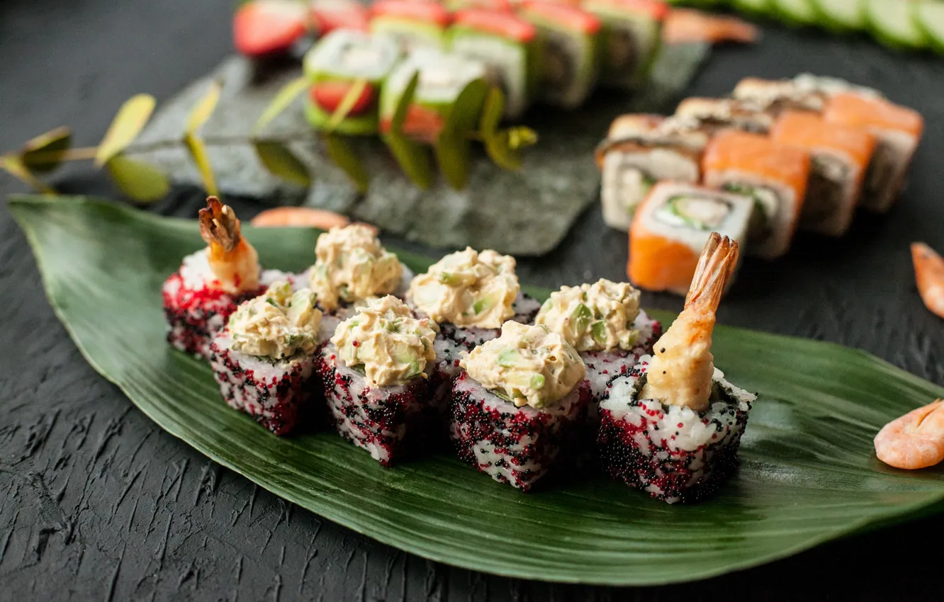 Photo wallpaper leaves, food, sauce, rolls, seafood