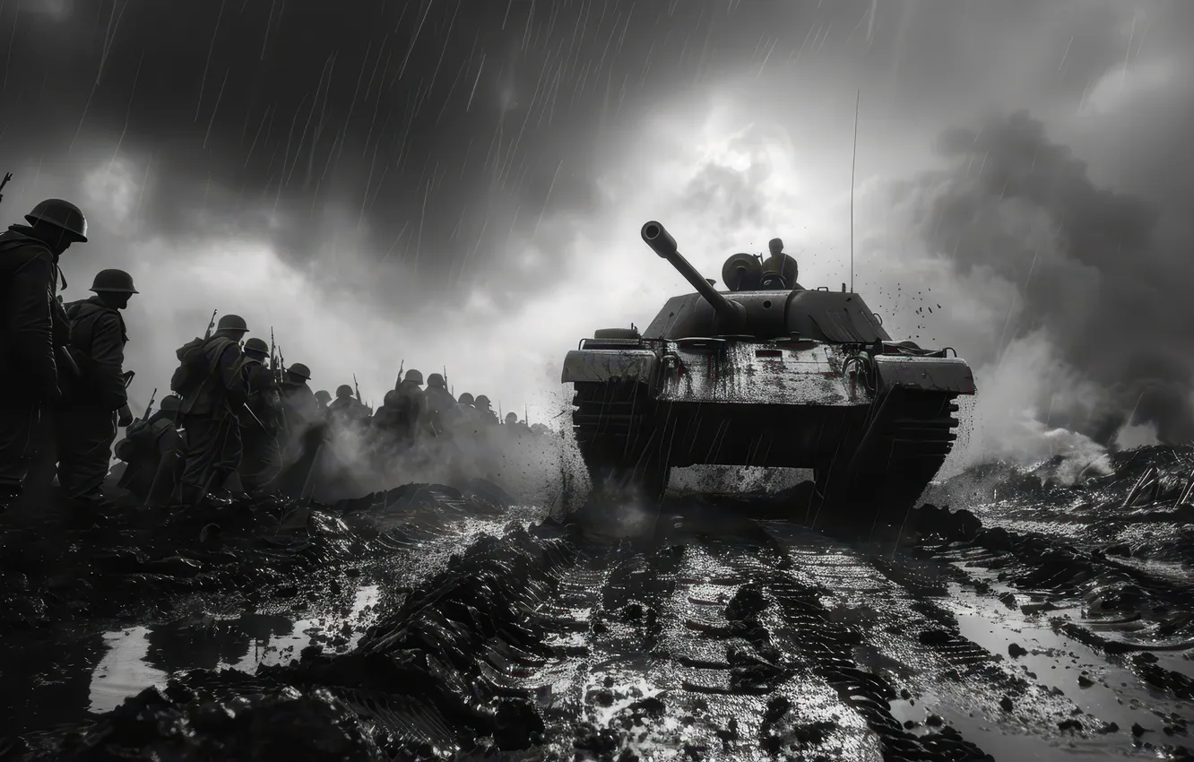 Photo wallpaper Rain, Dirt, Soldiers, Tank, WWII, The great Patriotic war, The Second World War, Digital art