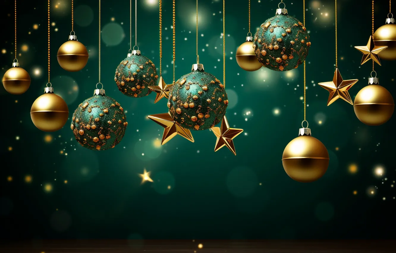 Photo wallpaper decoration, the dark background, gold, green, balls, new year, Christmas, golden