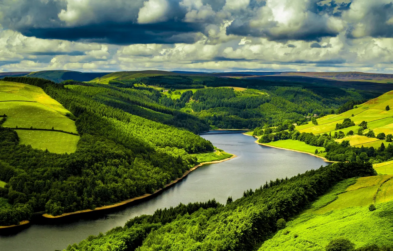 Photo wallpaper the sky, clouds, trees, river, meadow, United Kingdom