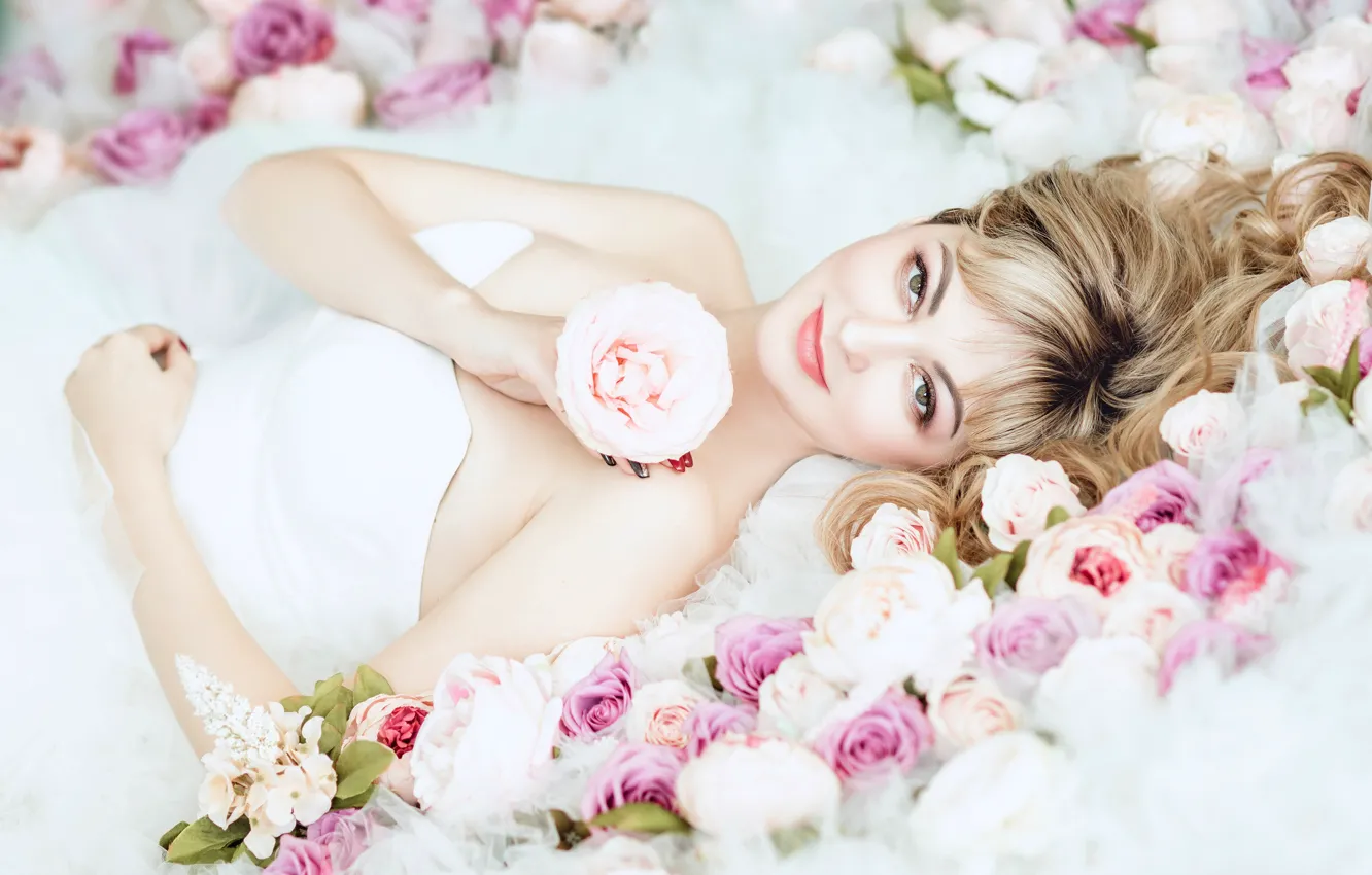 Photo wallpaper look, girl, flowers, face, pose, smile, woman, portrait