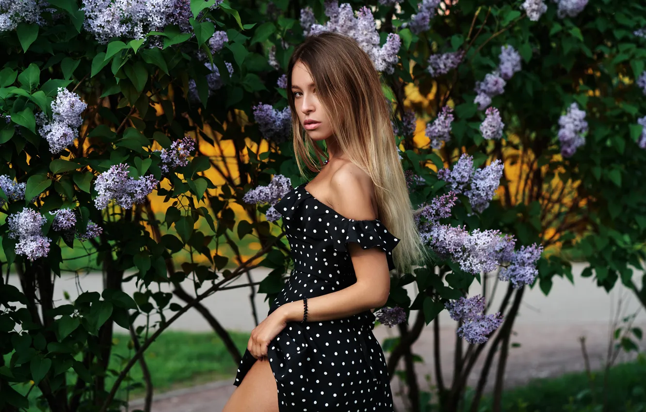 Photo wallpaper look, flowers, pose, model, portrait, makeup, dress, hairstyle