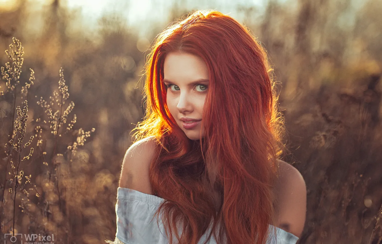 Photo wallpaper look, girl, face, hair, portrait, red, shoulders, redhead