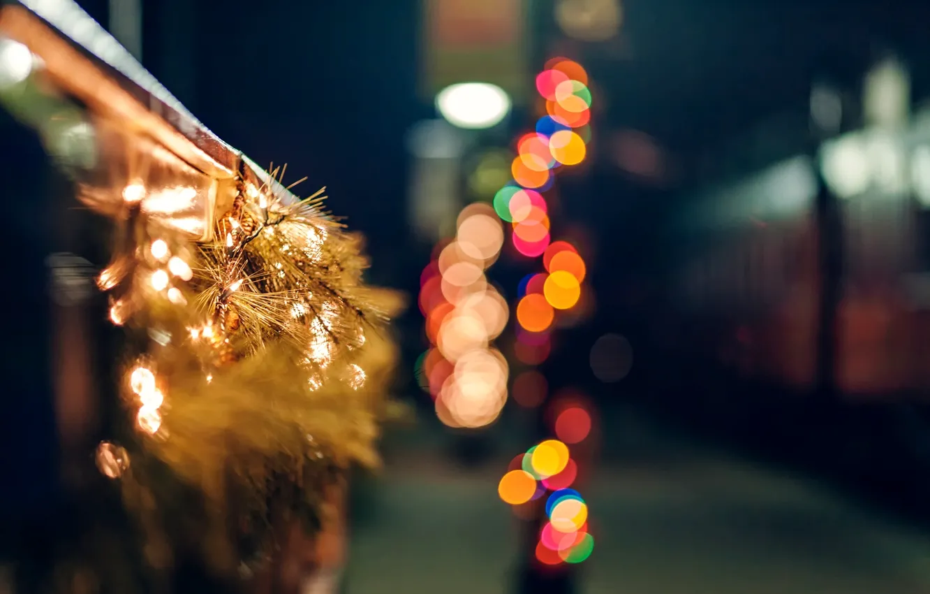 Photo wallpaper winter, road, macro, branches, lights, holiday, the fence, spruce