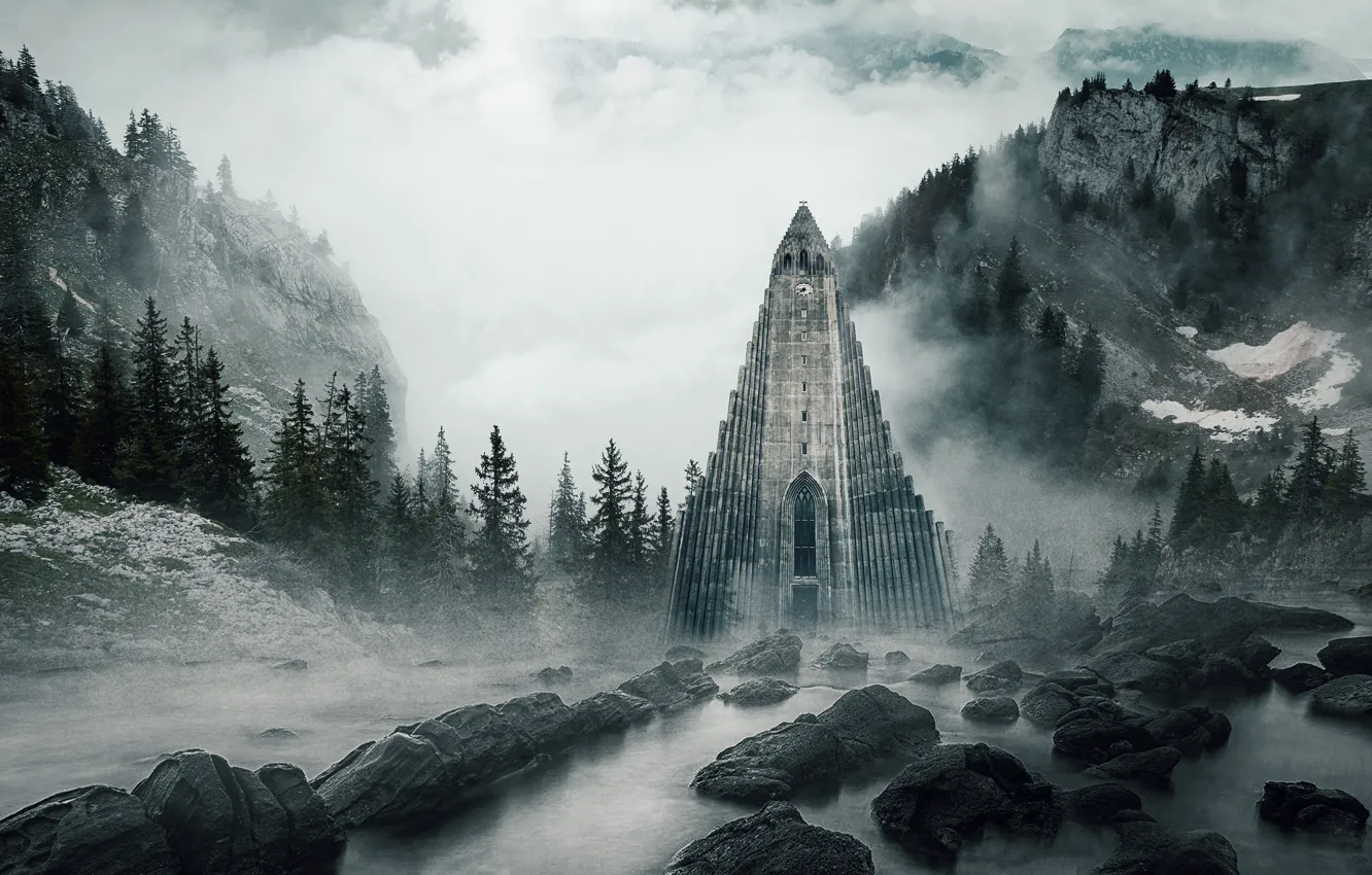 Photo wallpaper forest, clouds, mountains, fog, castle, rocks, Gothic, shore
