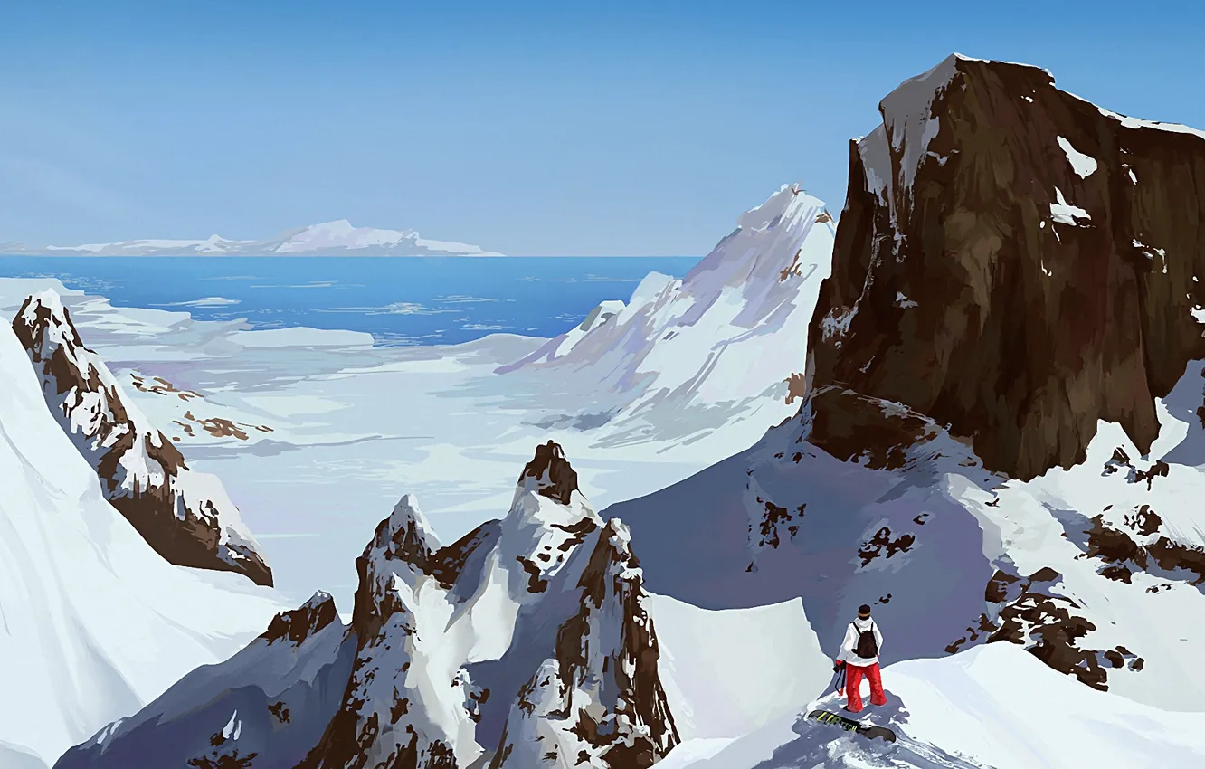Photo wallpaper sea, snow, mountains, snowboard, people, art, Sunny