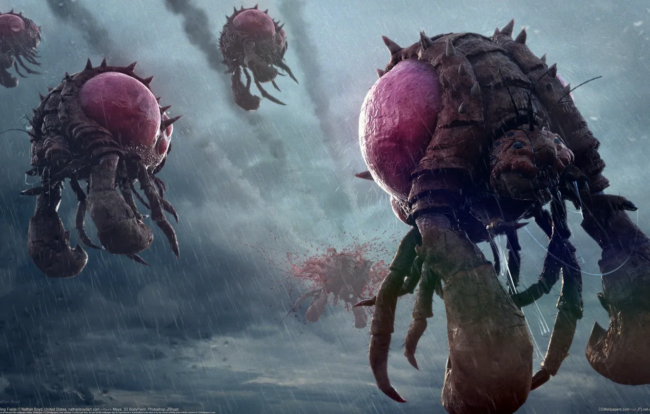 Photo wallpaper flight, clouds, rain, monster, beetle, art, alien, insect