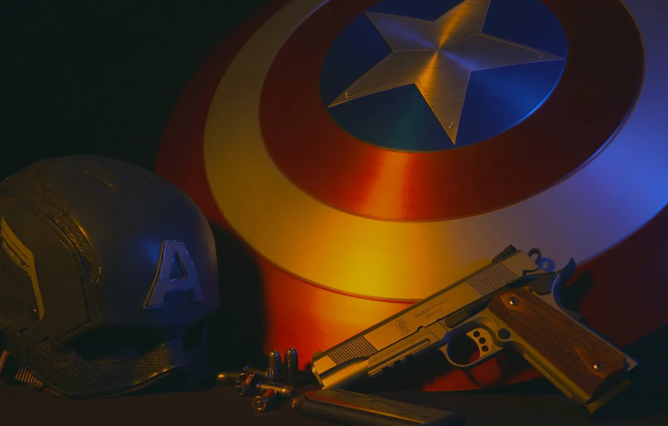 Photo wallpaper helmet, shield, captain america, 1911, smith &ampamp; wesson, semi-automatic pistol