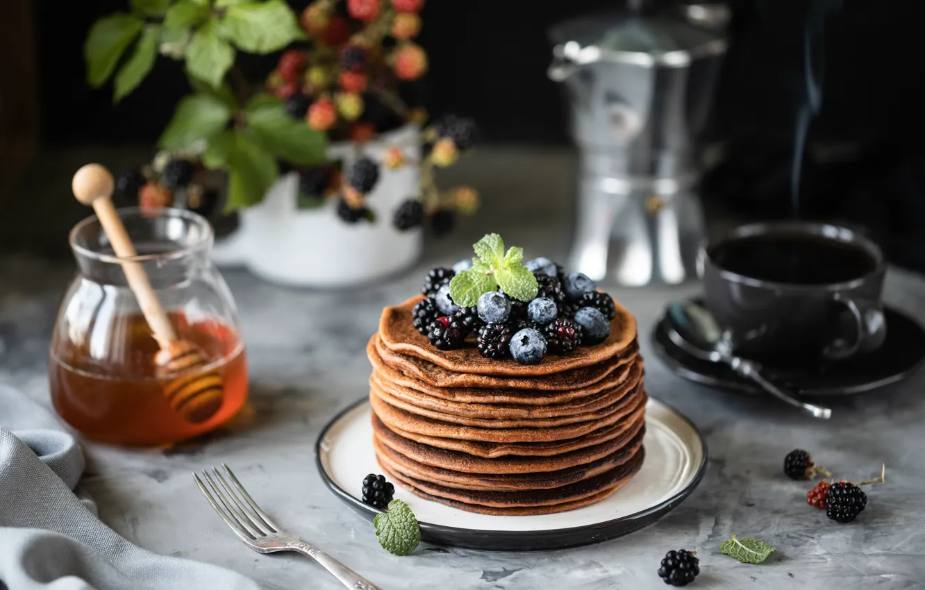 Photo wallpaper berries, honey, pancakes, chocolate, Karina Klachuk