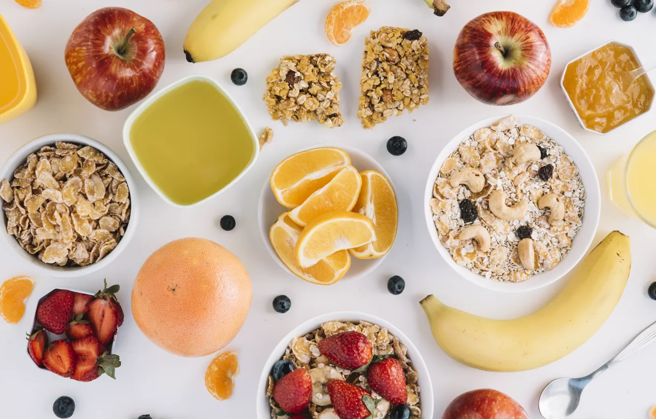 Photo wallpaper berries, food, Breakfast, juice, fruit, muesli