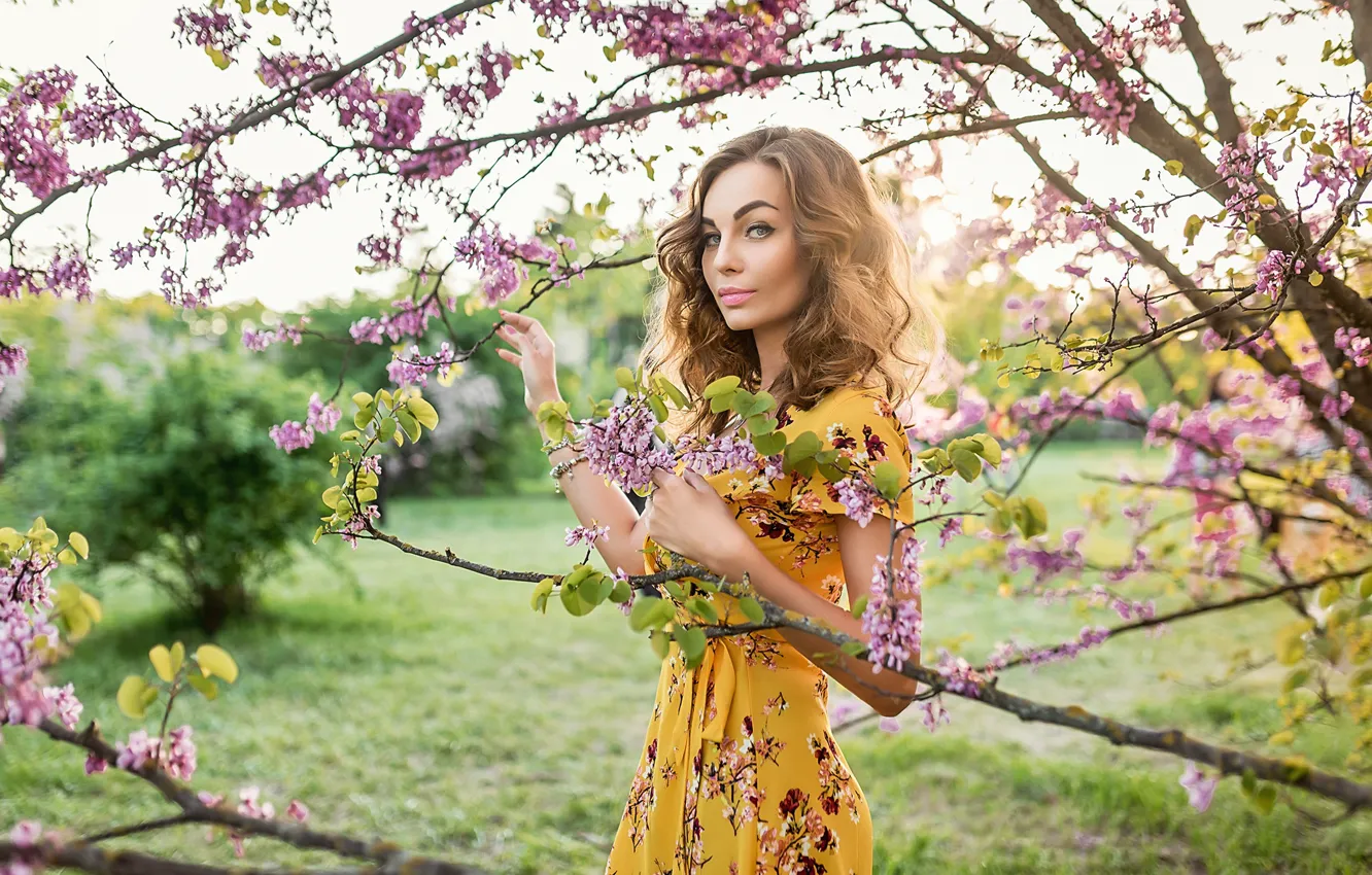 Photo wallpaper flowers, tree, pretty, blonde, A Diakov George