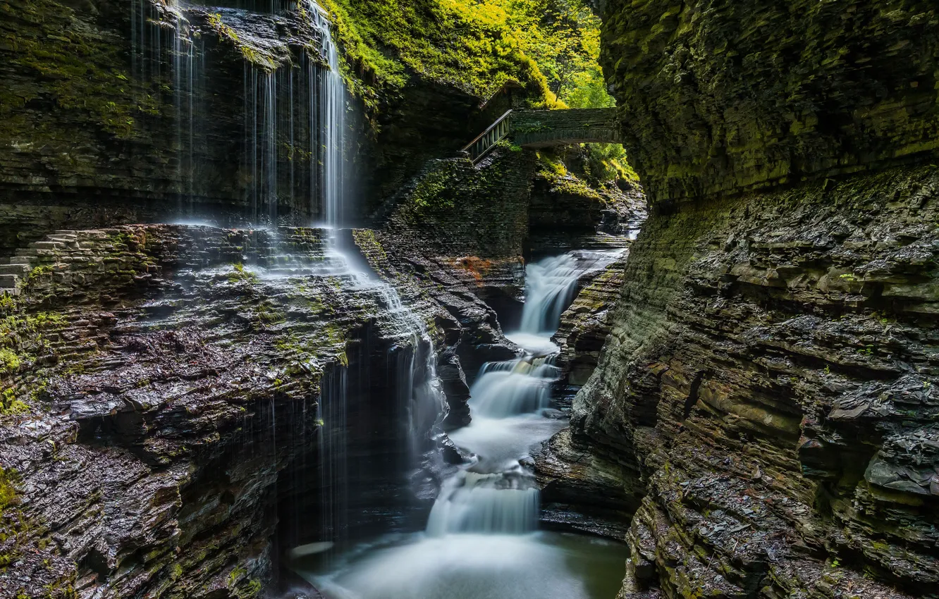 Photo wallpaper mountains, rocks, waterfall, stream, the bridge