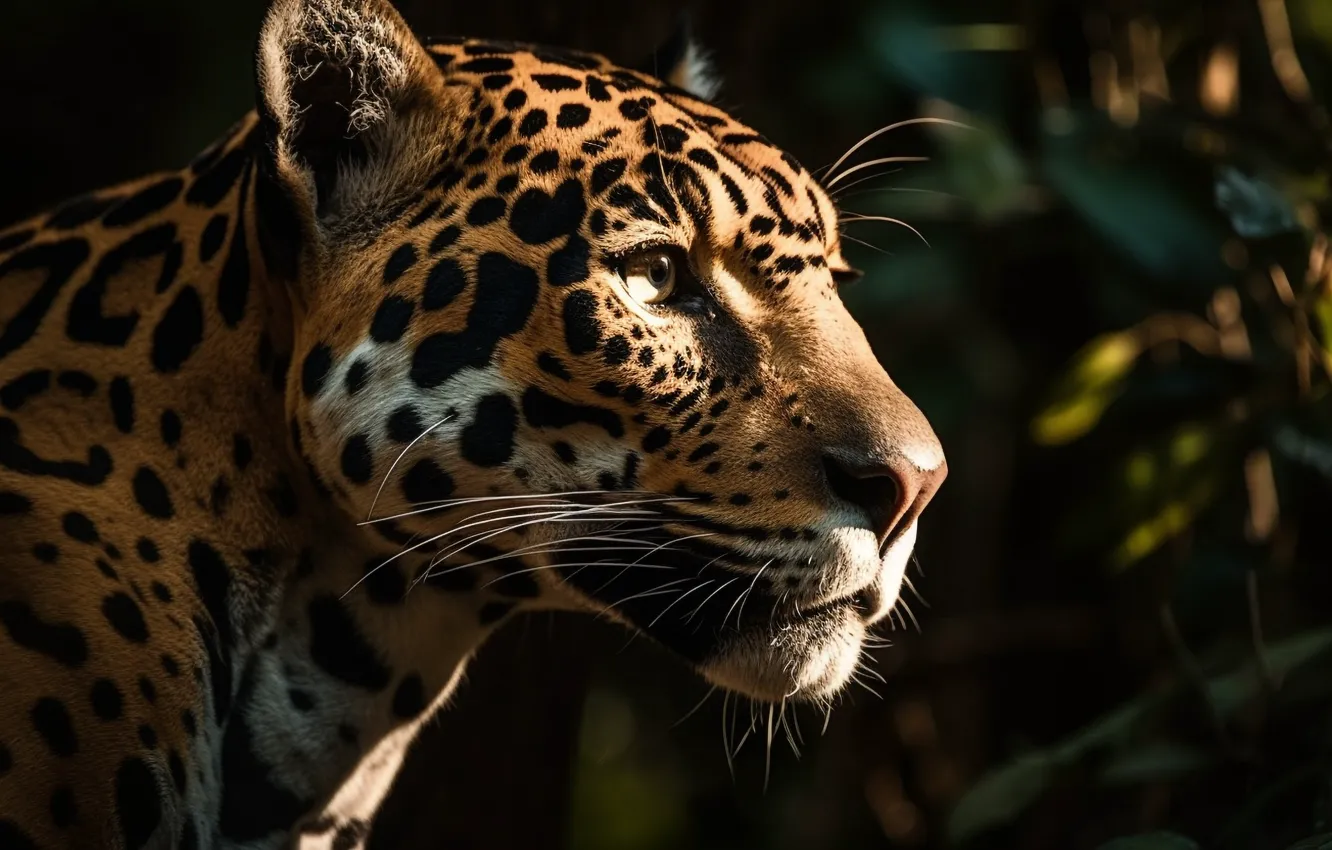 Photo wallpaper look, face, predator, Jaguar, side, big cat, spotted, digital art