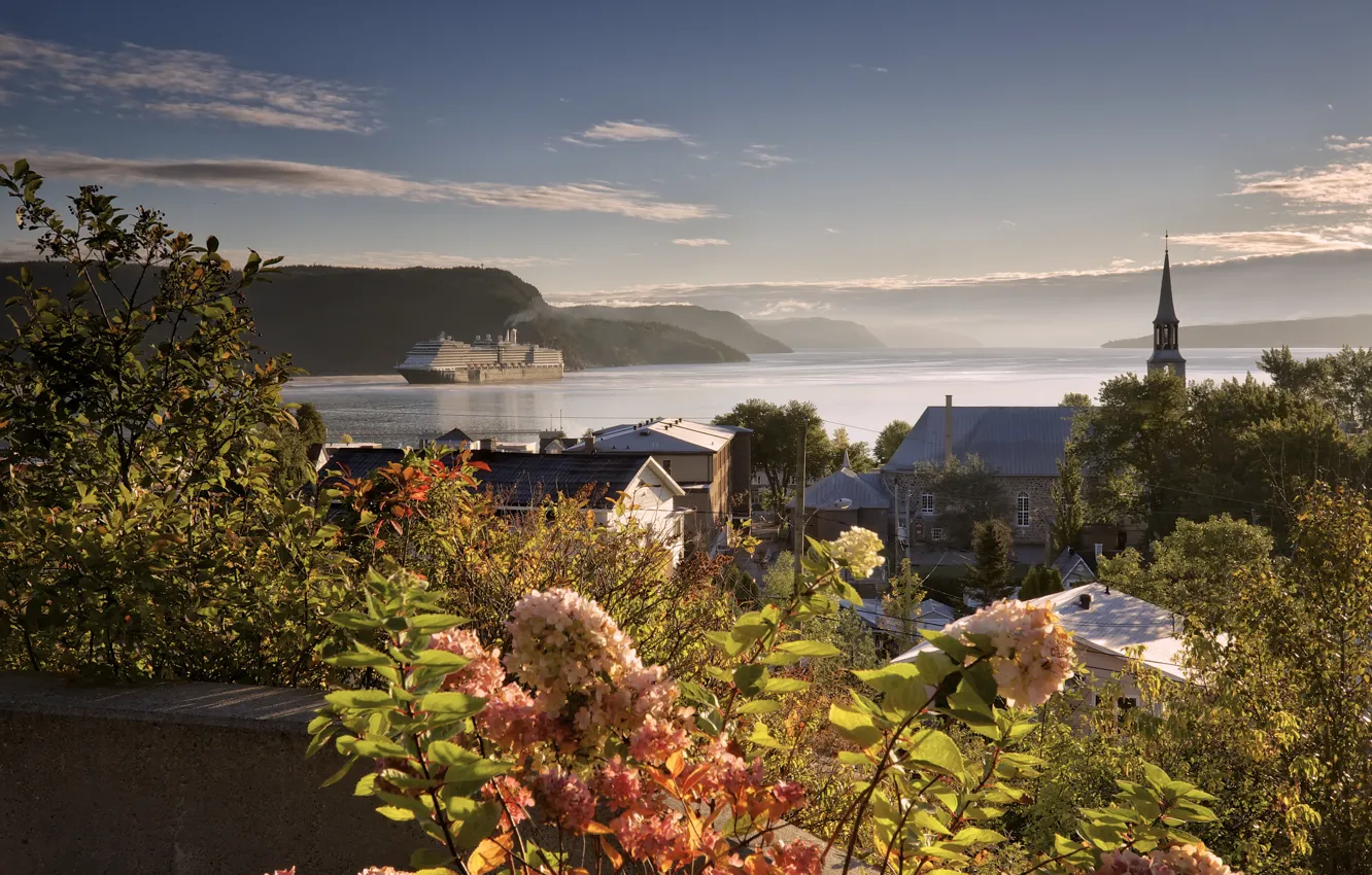 Photo wallpaper autumn, landscape, mountains, the city, river, home, Canada, liner