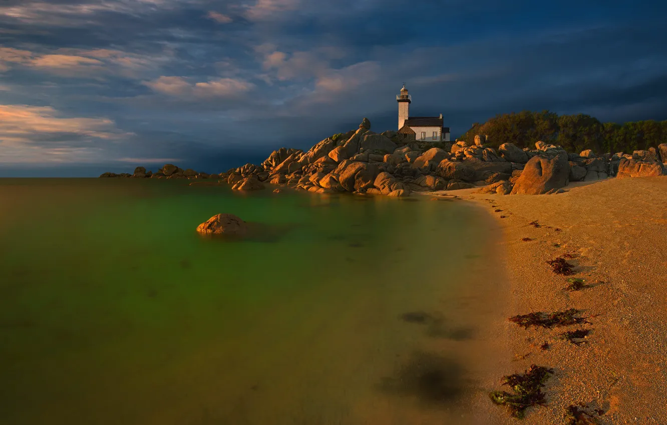 Photo wallpaper sea, stones, lighthouse
