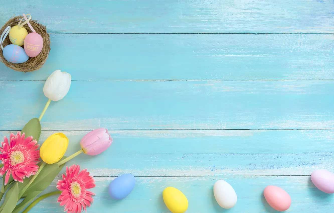 Photo wallpaper holiday, eggs, Easter, tulips, gerbera