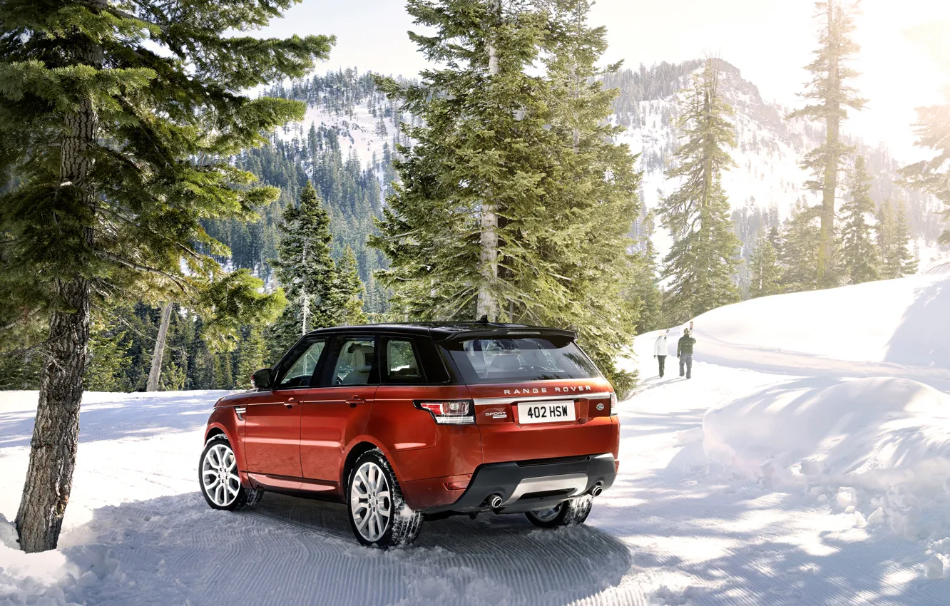 Photo wallpaper winter, machine, snow, trees, mountains, Land Rover, Range Rover, Sport