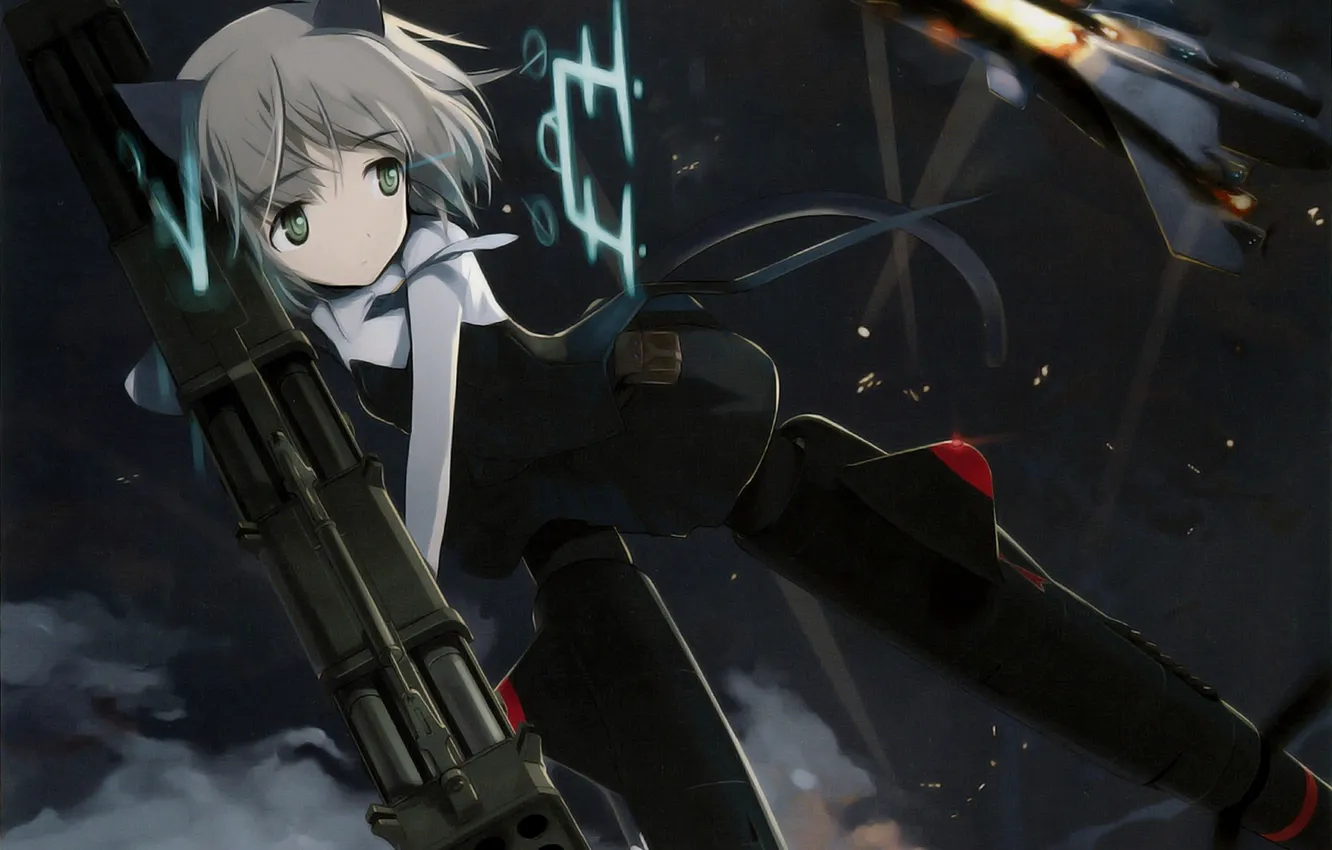 Photo wallpaper girl, night, the plane, weapons, flies, ears, strike witches, sanya v litvyak