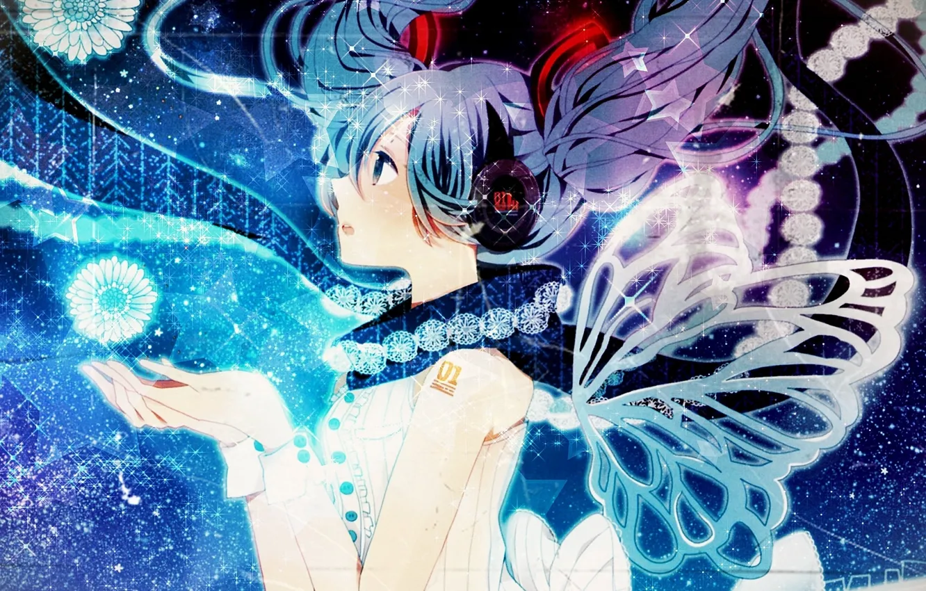 Photo wallpaper girl, flowers, wings, headphones, art, vocaloid, hatsune miku, Vocaloid
