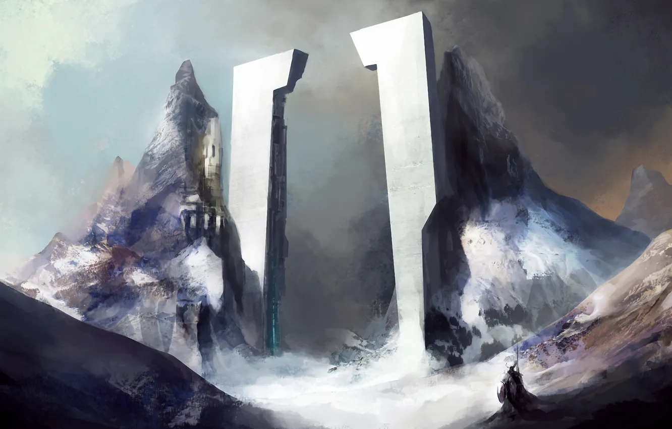 Photo wallpaper winter, snow, mountains, rocks, people, art, columns, the gates