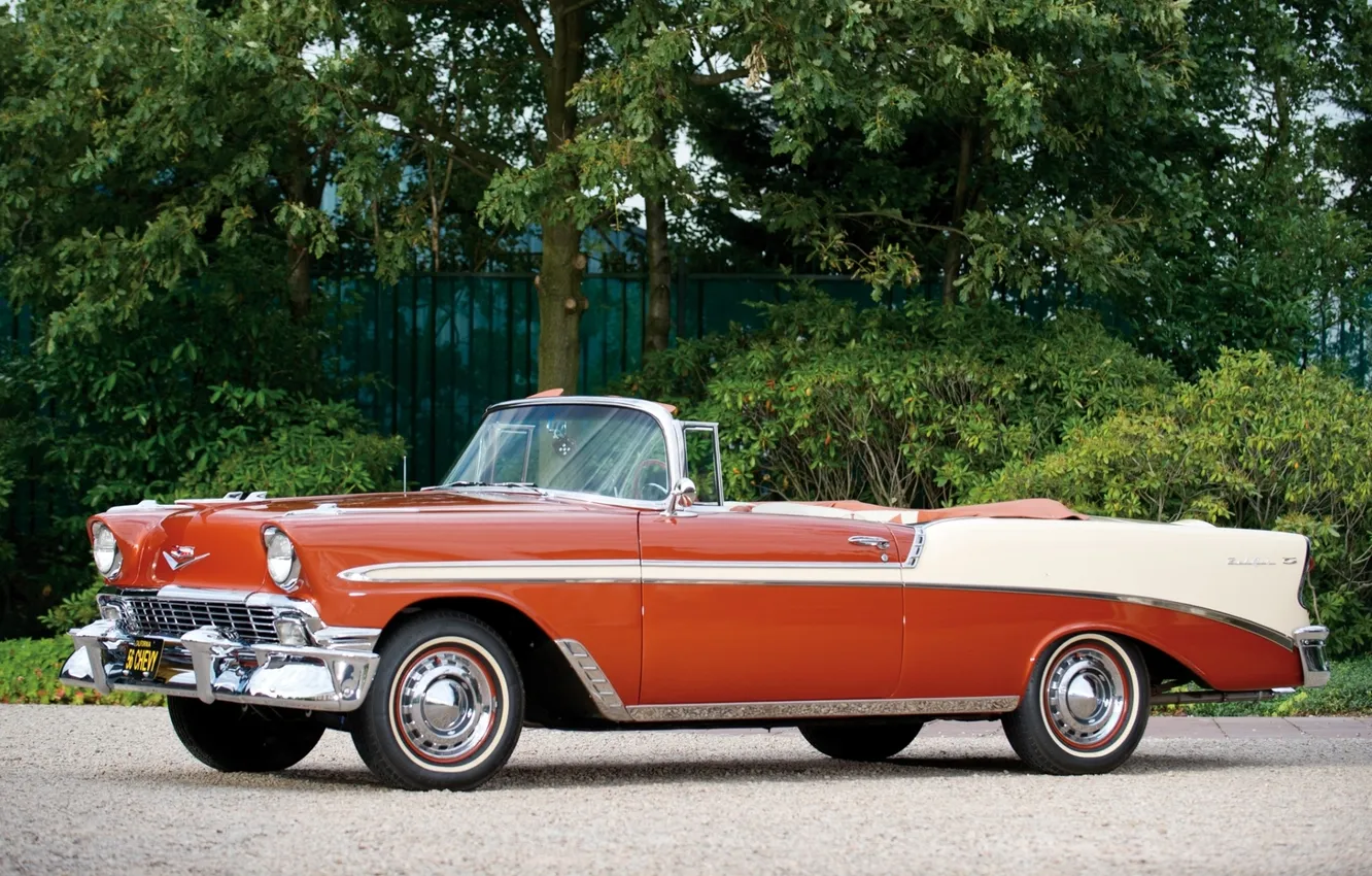 Photo wallpaper trees, red, background, Chevrolet, convertible, Chevrolet, classic, Bel Air
