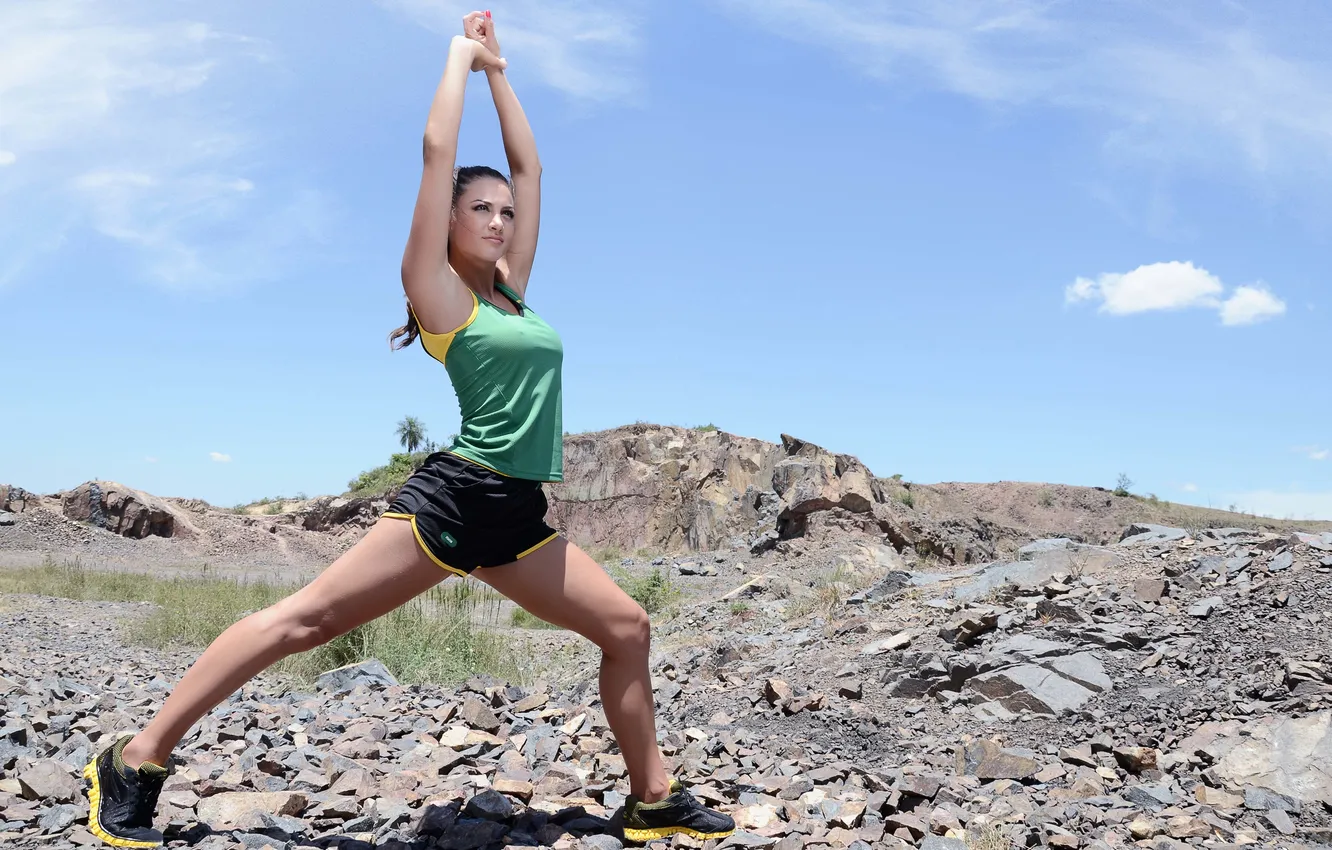 Photo wallpaper girl, stones, shorts, Mike, brunette, sneakers, warm-up, deals