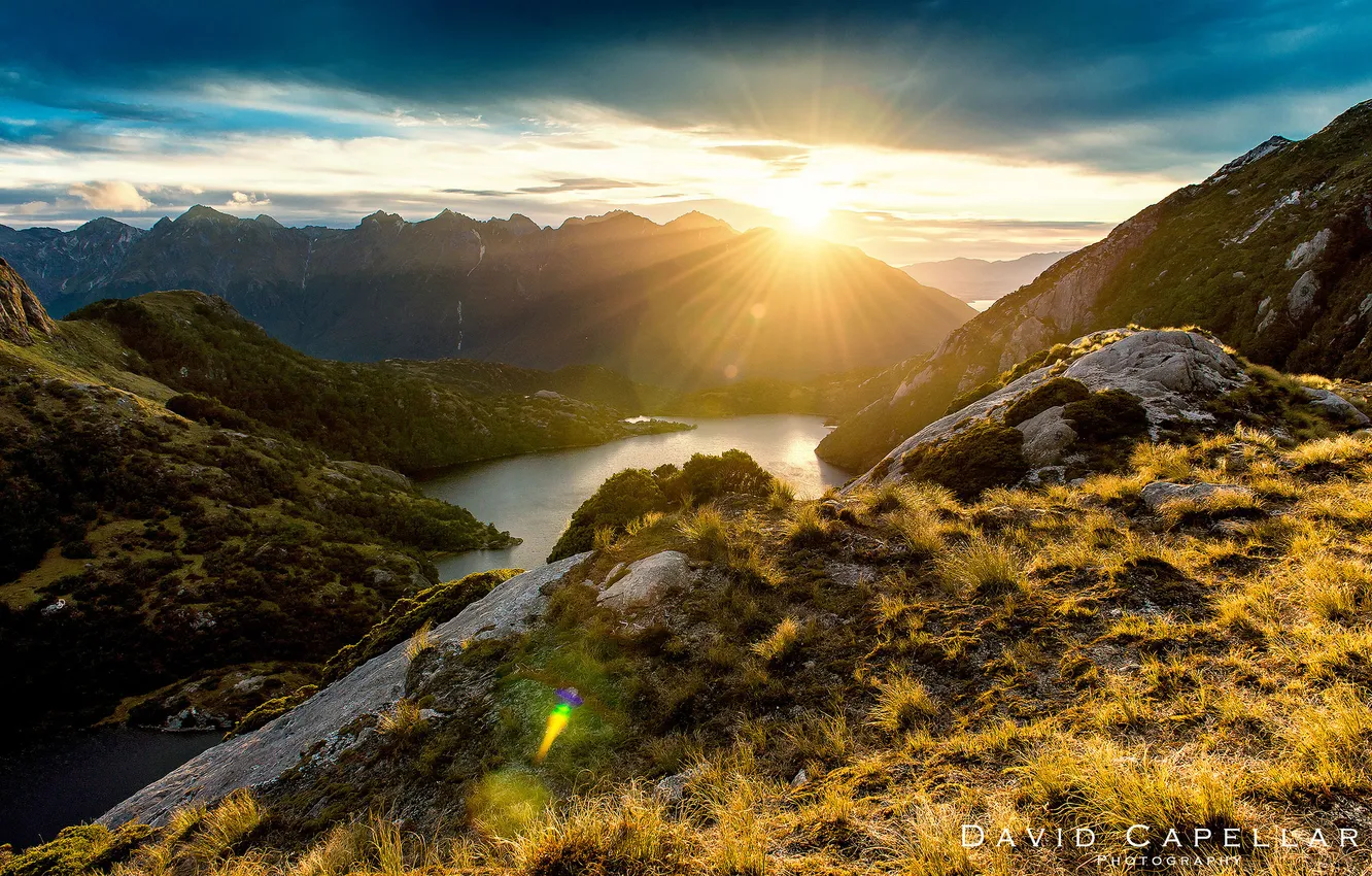Photo wallpaper the sun, rays, light, landscape, mountains, nature, river, New Zealand