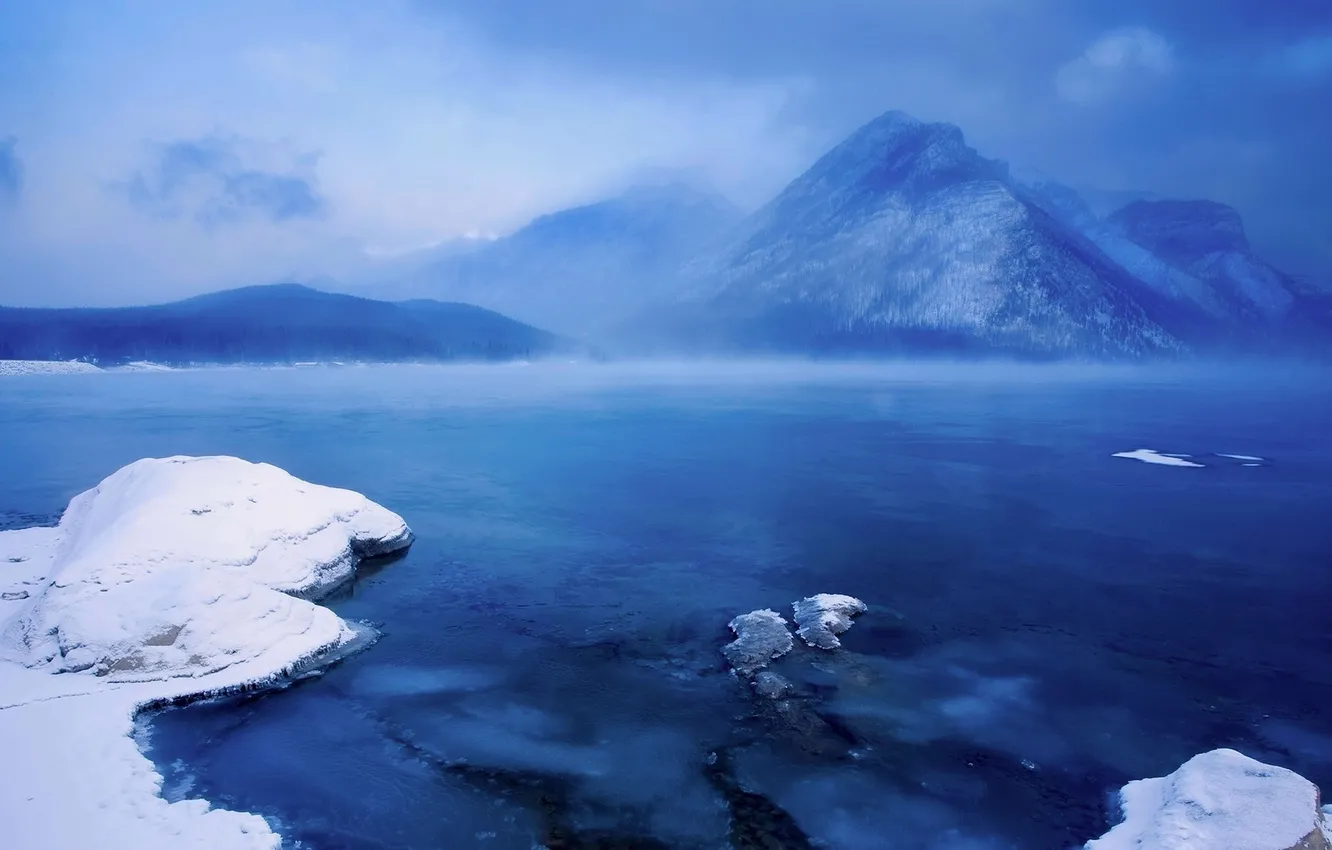 Photo wallpaper snow, mountains, Canada, Albert, Lake Minnewanka