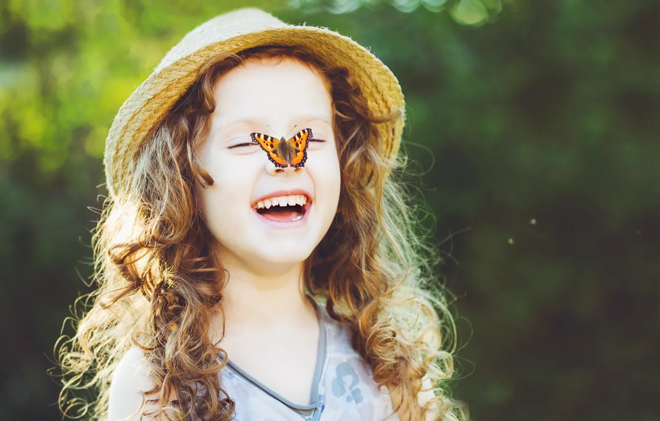 Photo wallpaper butterfly, nature, children, childhood, sweetheart, child, spring, blonde