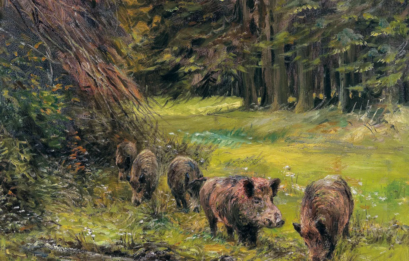Photo wallpaper Trees, Picture, German artist, Wilhelm Lorenz, Wild Boars, Wilhelm Lorenz, Wild boars at the edge …