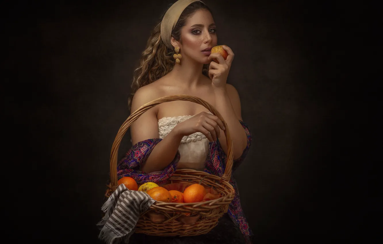 Photo wallpaper girl, decoration, apples, fruit, basket, Mahdi Ghannad