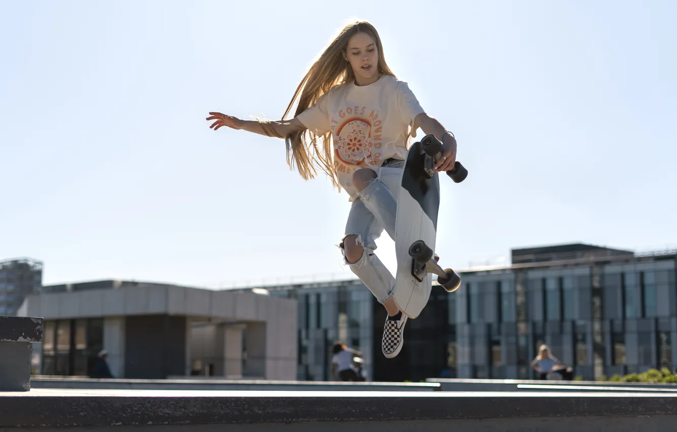 Photo wallpaper girl, jumping, skateboard