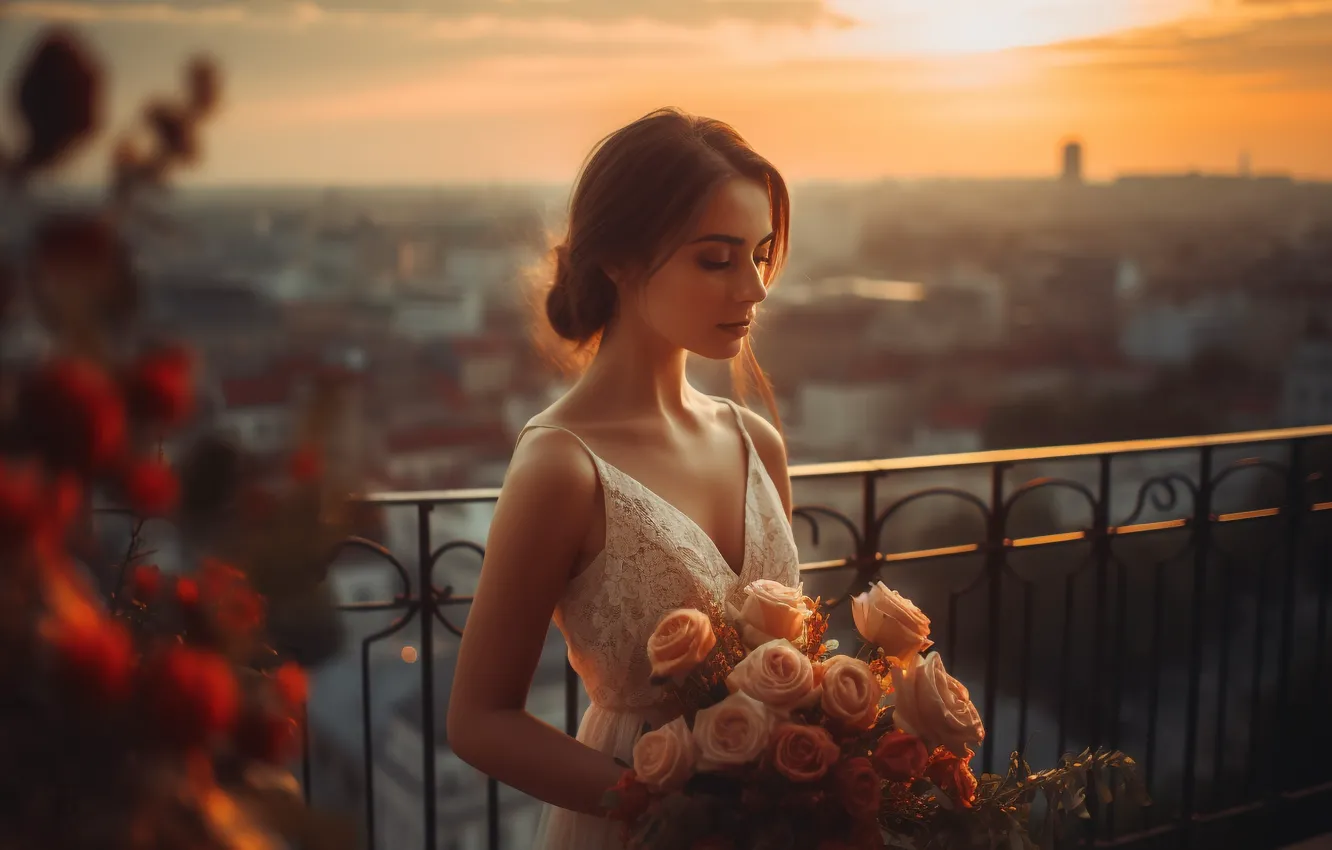 Photo wallpaper girl, sunset, flowers, bridge, the city, dawn, view, height