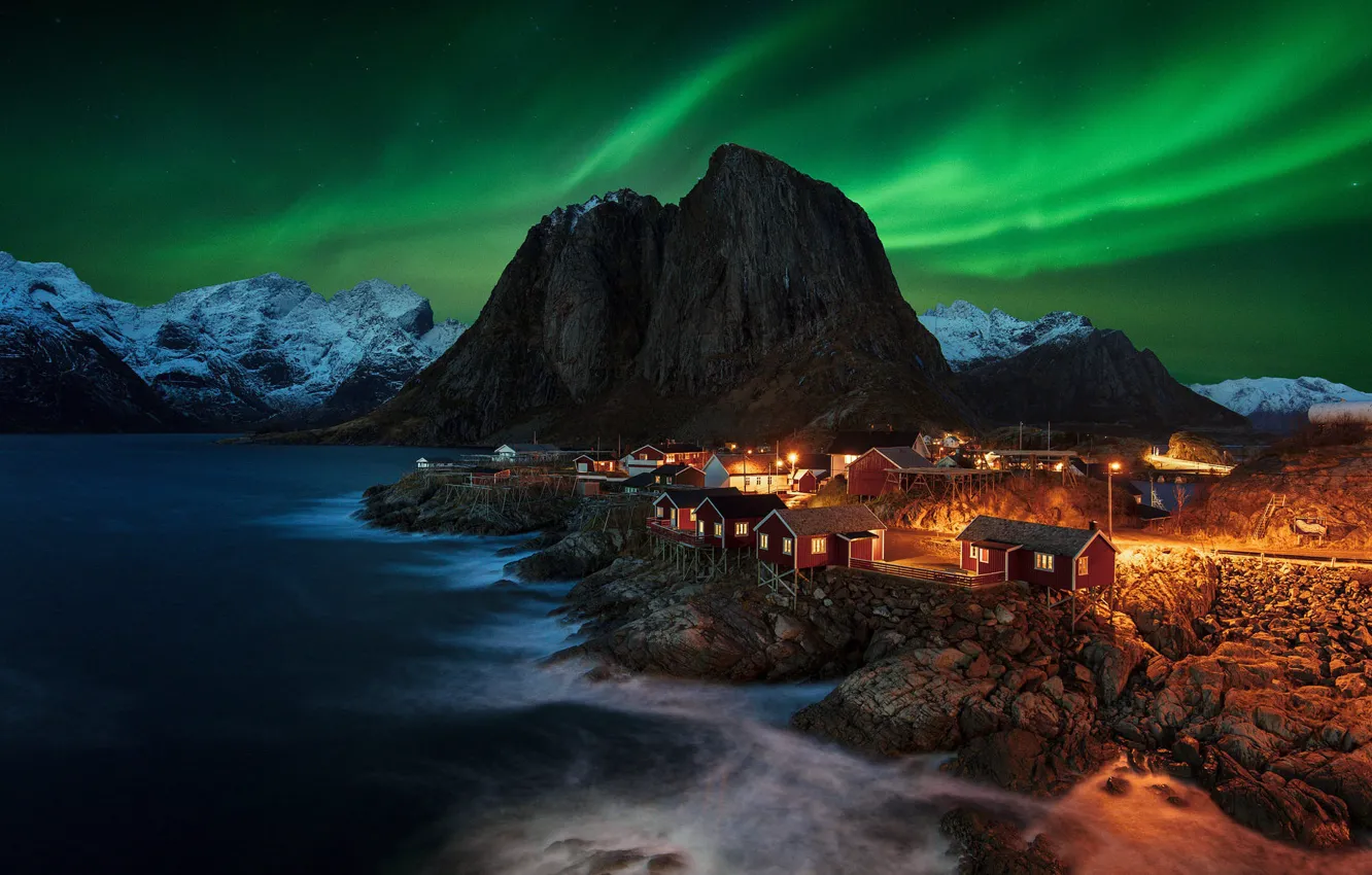 Photo wallpaper house, Lofoten, mountains, shore, lights, pond, night