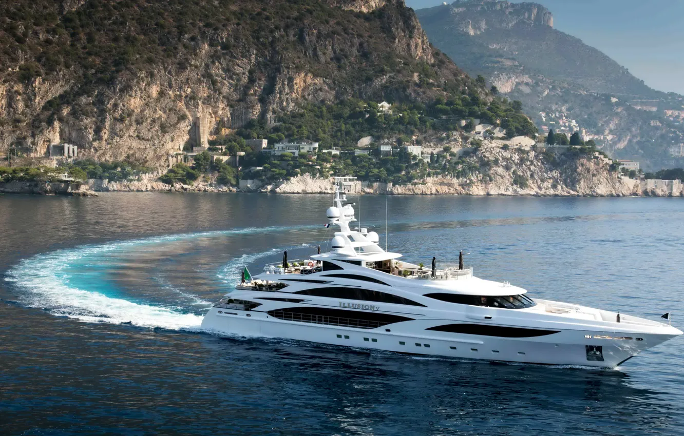 Photo wallpaper sea, mountains, rocks, coast, yacht