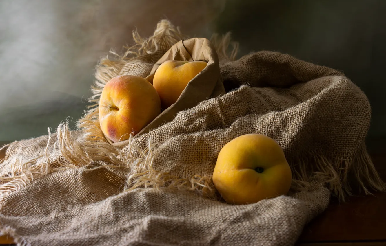 Photo wallpaper light, table, fruit, still life, trio, peaches, burlap, composition