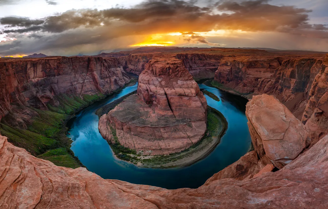Photo wallpaper the sky, clouds, sunset, mountains, clouds, river, stones, open