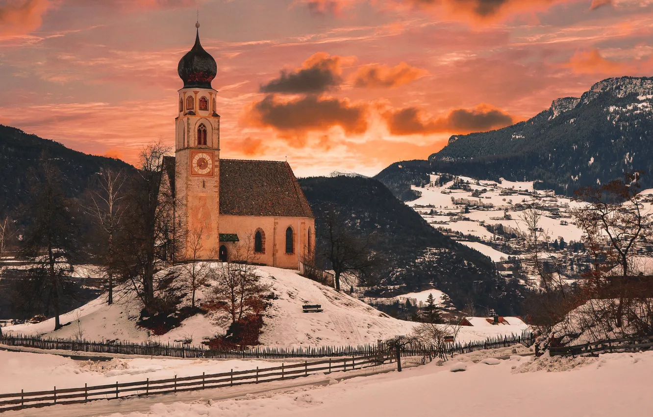 Photo wallpaper winter, snow, sunset, mountains, the fence, Alps, Italy, Church