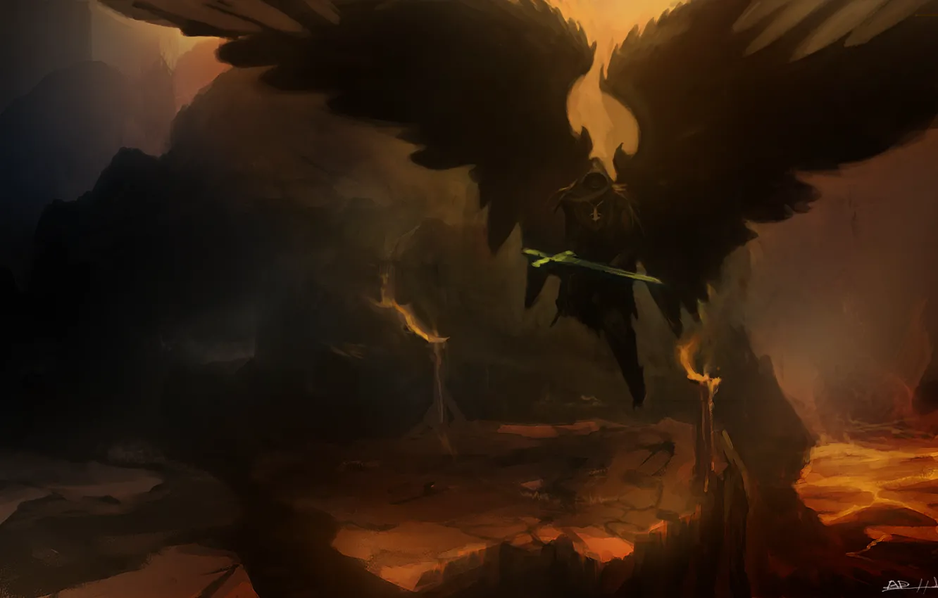 Photo wallpaper weapons, fiction, wings, angel, art, Alex Drummond, sword. rocks