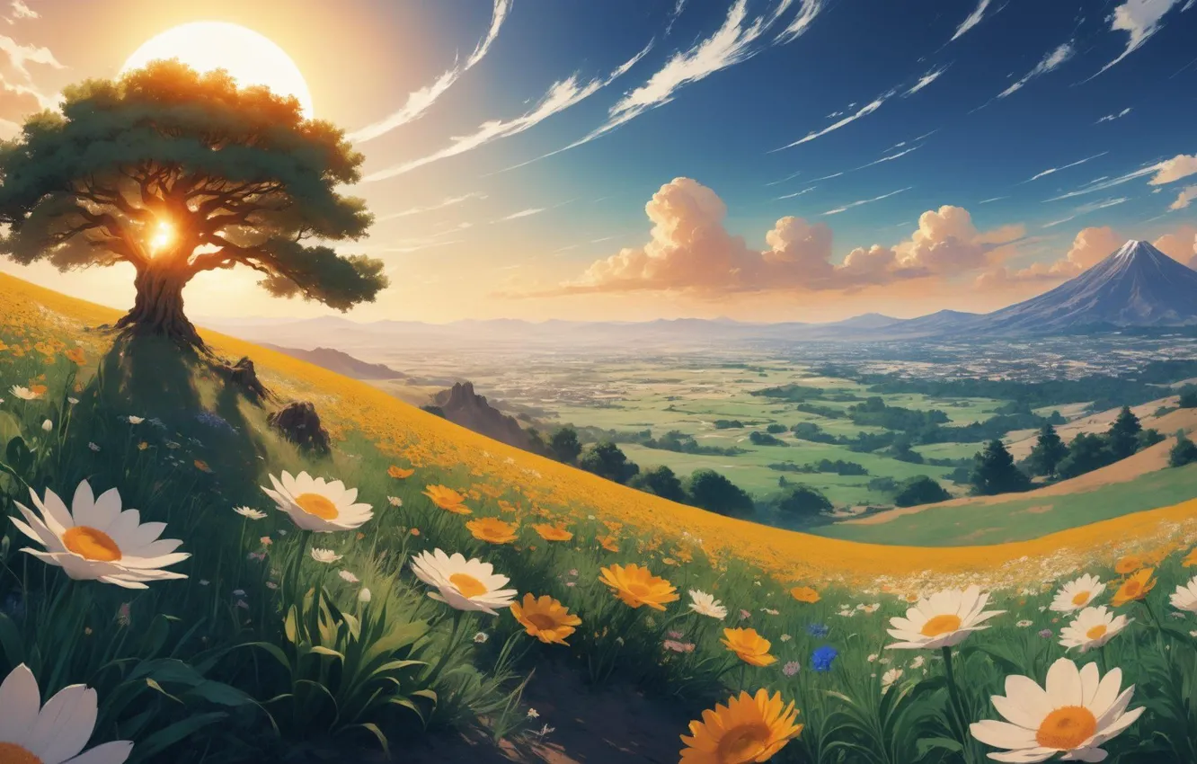 Photo wallpaper field, flowers, chamomile, horizon, meadow, art
