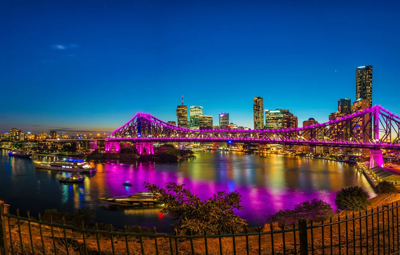Photo wallpaper the sky, stars, bridge, lights, river, home, skyscrapers, the evening