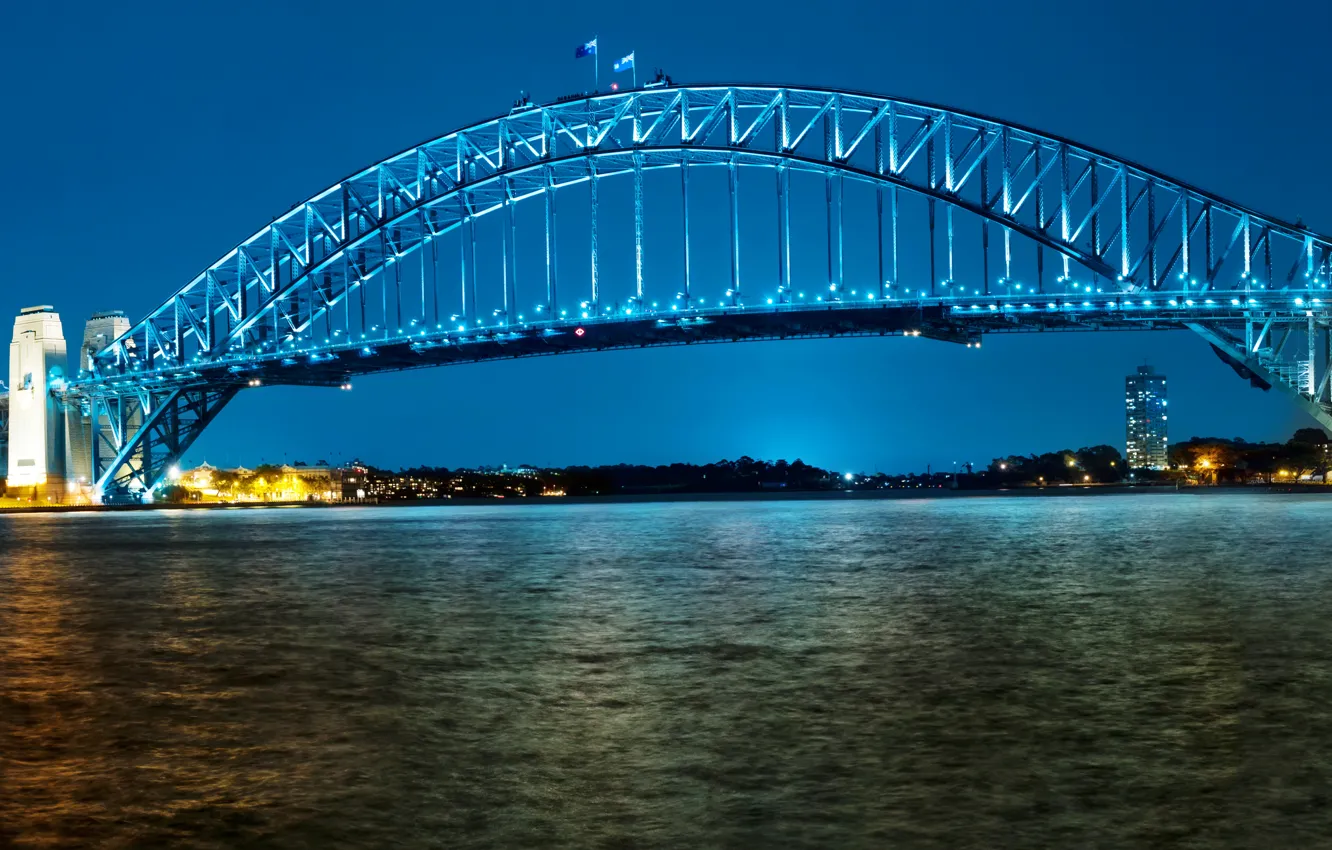 Photo wallpaper night, bridge, lights, river, Australia, lights, Sydney, promenade