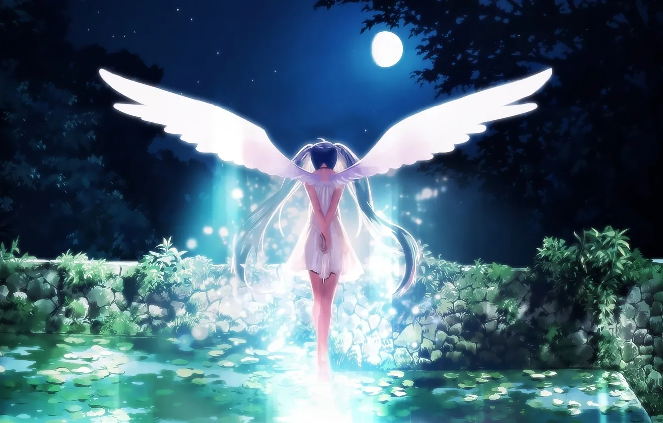 Photo wallpaper girl, stars, trees, night, nature, the moon, wings, art